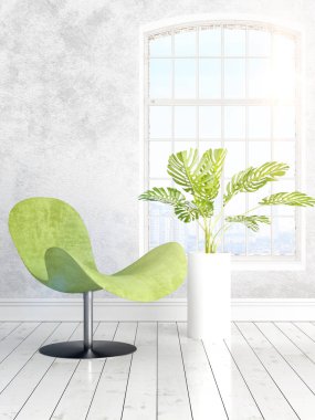 Büyük pencere ile modern parlak iç. 3D render