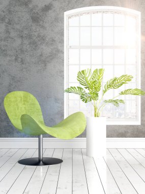 Büyük pencere ile modern parlak iç. 3D render