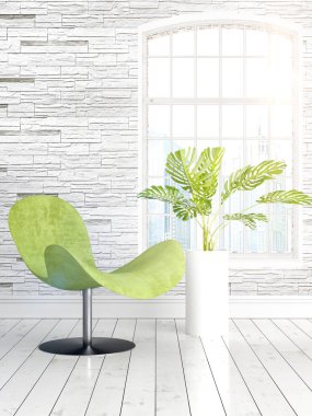 Büyük pencere ile modern parlak iç. 3D render