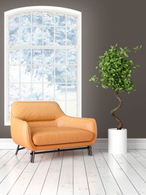 Büyük pencere ile modern parlak iç. 3D render