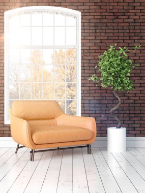 Büyük pencere ile modern parlak iç. 3D render