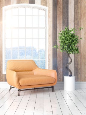 Büyük pencere ile modern parlak iç. 3D render