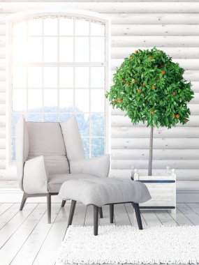 Büyük pencere ile modern parlak iç. 3D render