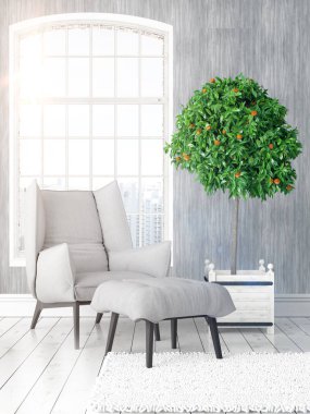Büyük pencere ile modern parlak iç. 3D render