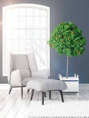 Büyük pencere ile modern parlak iç. 3D render