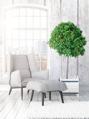 Büyük pencere ile modern parlak iç. 3D render