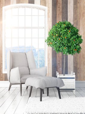 Büyük pencere ile modern parlak iç. 3D render