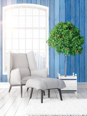 Büyük pencere ile modern parlak iç. 3D render