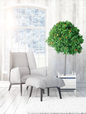 Büyük pencere ile modern parlak iç. 3D render