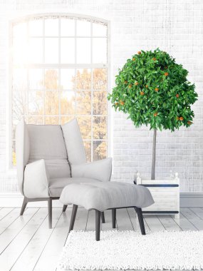 Büyük pencere ile modern parlak iç. 3D render