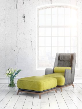 Büyük pencere ile modern parlak iç. 3D render