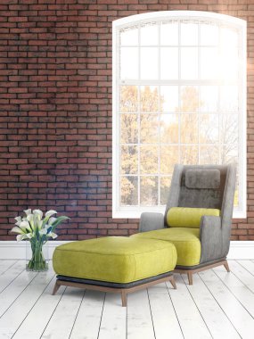 Büyük pencere ile modern parlak iç. 3D render