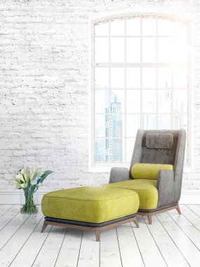 Büyük pencere ile modern parlak iç. 3D render