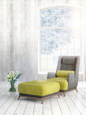 Büyük pencere ile modern parlak iç. 3D render