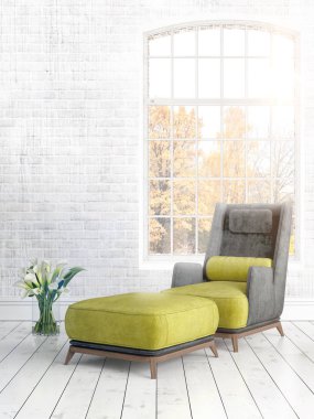 Büyük pencere ile modern parlak iç. 3D render