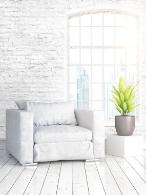 Büyük pencere ile modern parlak iç. 3D render