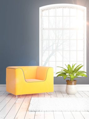 Büyük pencere ile modern parlak iç. 3D render