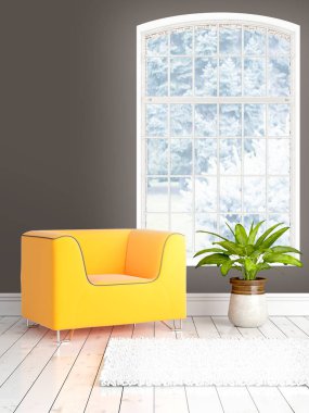 Büyük pencere ile modern parlak iç. 3D render