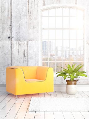 Büyük pencere ile modern parlak iç. 3D render