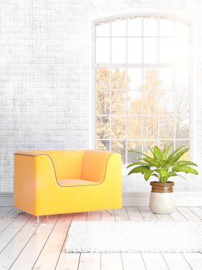 Büyük pencere ile modern parlak iç. 3D render