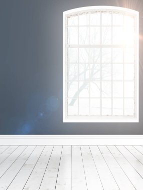 Büyük pencere ile modern parlak iç. 3D render