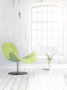 Büyük pencere ile modern parlak iç. 3D render