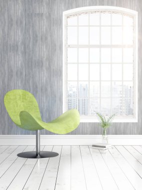 Büyük pencere ile modern parlak iç. 3D render