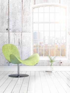 Büyük pencere ile modern parlak iç. 3D render