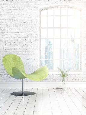 Büyük pencere ile modern parlak iç. 3D render