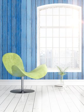 Büyük pencere ile modern parlak iç. 3D render