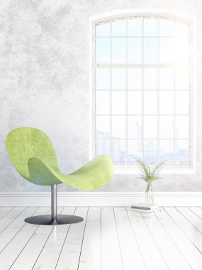 Büyük pencere ile modern parlak iç. 3D render