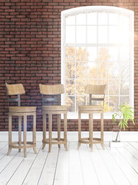 Büyük pencere ile modern parlak iç. 3D render