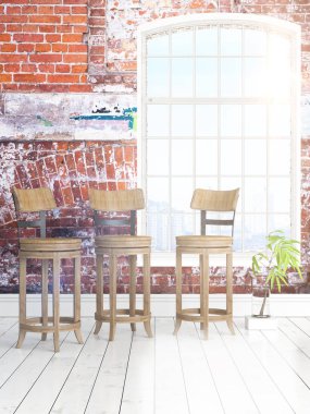 Büyük pencere ile modern parlak iç. 3D render