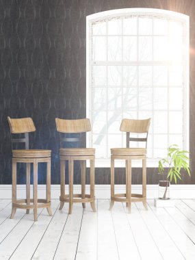 Büyük pencere ile modern parlak iç. 3D render