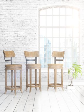 Büyük pencere ile modern parlak iç. 3D render