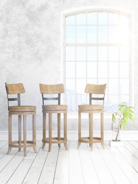 Büyük pencere ile modern parlak iç. 3D render
