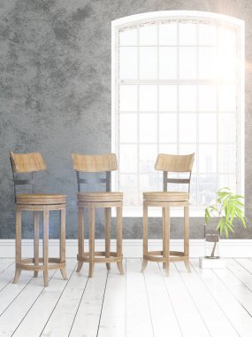 Büyük pencere ile modern parlak iç. 3D render