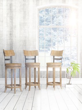 Büyük pencere ile modern parlak iç. 3D render