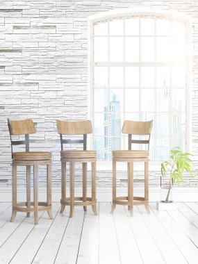 Büyük pencere ile modern parlak iç. 3D render