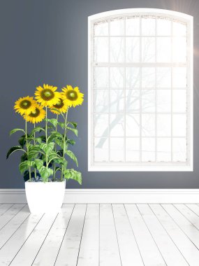 Büyük pencere ile modern parlak iç. 3D render