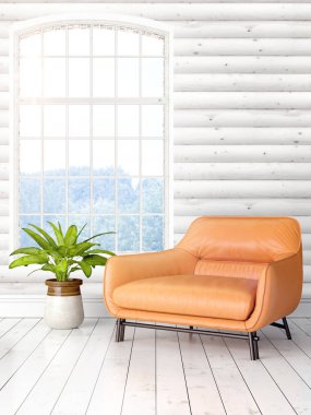 Büyük pencere ile modern parlak iç. 3D render