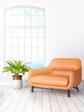 Büyük pencere ile modern parlak iç. 3D render