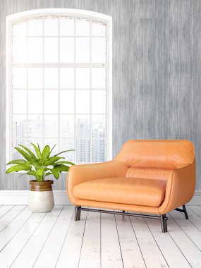Büyük pencere ile modern parlak iç. 3D render