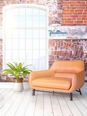 Büyük pencere ile modern parlak iç. 3D render