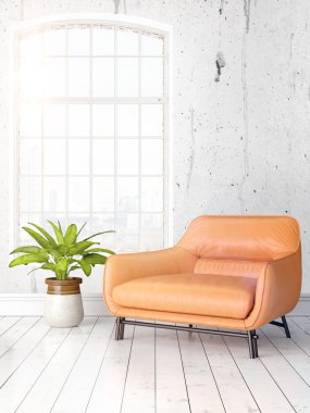 Büyük pencere ile modern parlak iç. 3D render