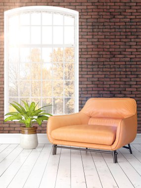 Büyük pencere ile modern parlak iç. 3D render