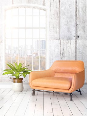 Büyük pencere ile modern parlak iç. 3D render