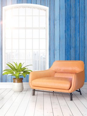 Büyük pencere ile modern parlak iç. 3D render