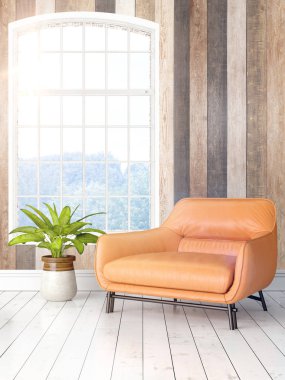 Büyük pencere ile modern parlak iç. 3D render