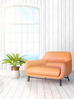 Büyük pencere ile modern parlak iç. 3D render